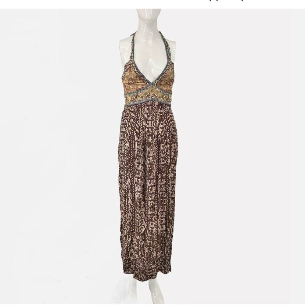 FAITH brand XS Halter Dress Maxi Tribal Beaded Multi Colored Hippie Boho Low Cut